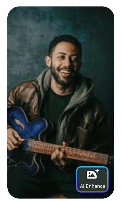 a guy playing guitar with low resolution being enhanced by PhotoDirector